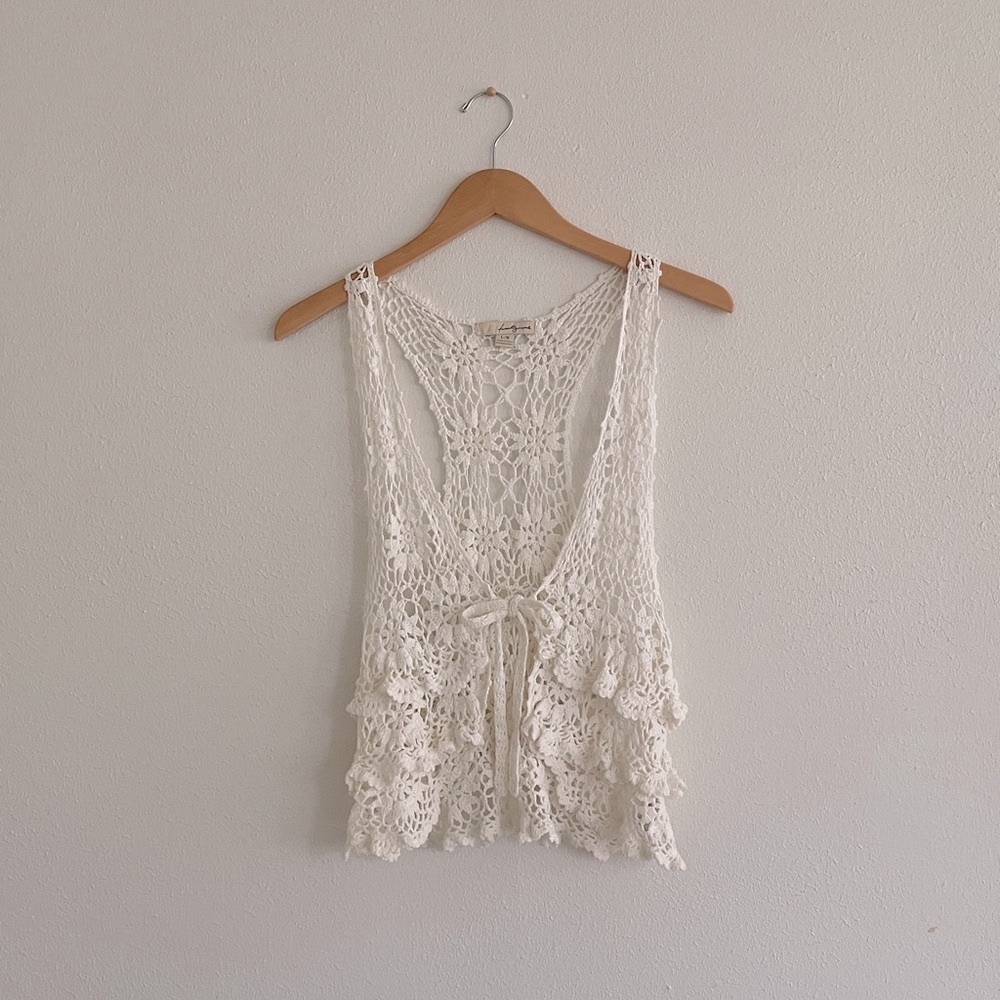 Crochet Scoop Vest Tie Front Tiered Lacey Sweater Prairie Cottage Grandma